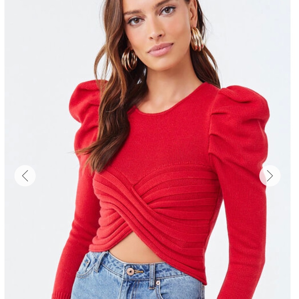 Cross-front Puff-sleeve sweater